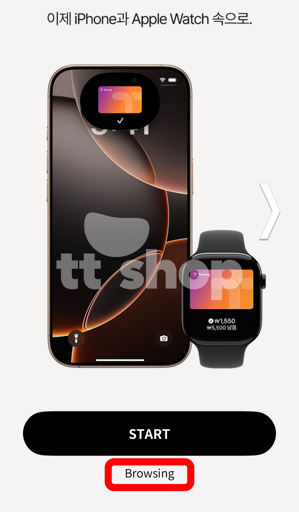 モバイルT-moneyアプリの起動画面とBrowsingボタン