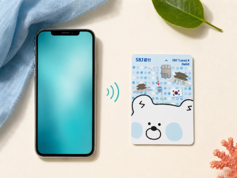 SBJ銀行トラベルKデビットとスマートフォンで韓国旅行の決済と通信の準備をイメージしたビジュアル