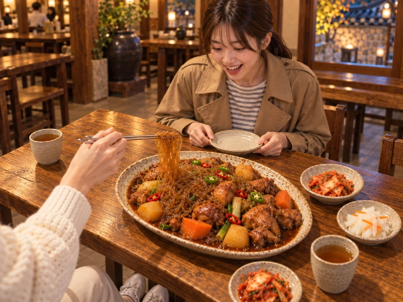 醤油色のタレで煮込んだ鶏肉と野菜、春雨が大皿に盛られた料理を囲む食卓
