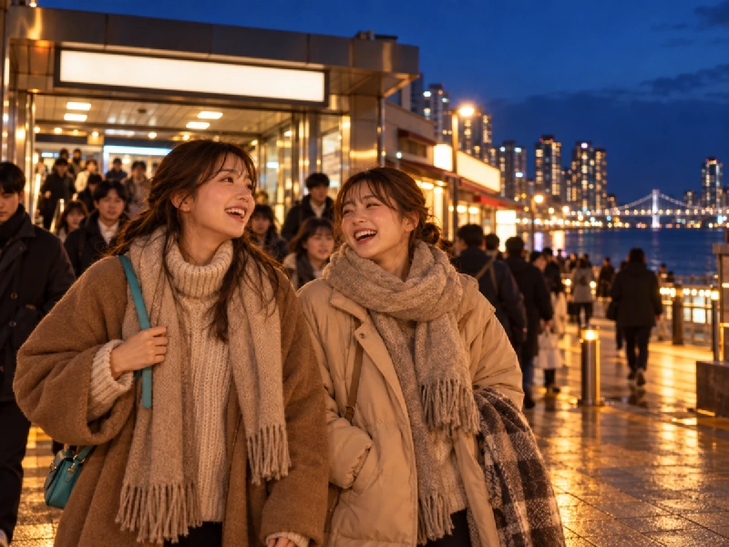 夕方の地下鉄の出口から、海辺の会場へ向かって歩く人の流れ