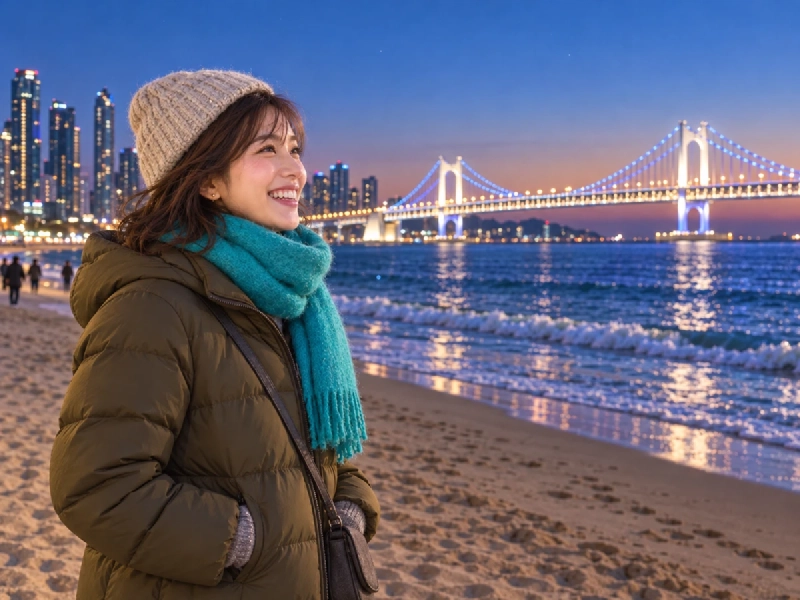 ライトアップされた橋が見える冬の夜の海辺で、マフラーを巻いた旅行者