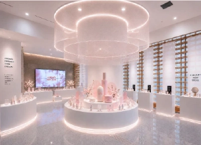 円形の照明の下、白い円形の台にピンク系のコスメが並ぶK-BEAUTYの展示スペース