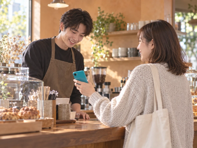 カフェのレジでスタッフにスマートフォンを見せる旅行者の女性