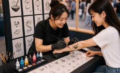 スタッフが女性の腕にタトゥーのデザインを描いているブース