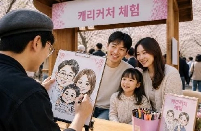 画家が家族の似顔絵を描き、家族がそれを見て笑っている様子