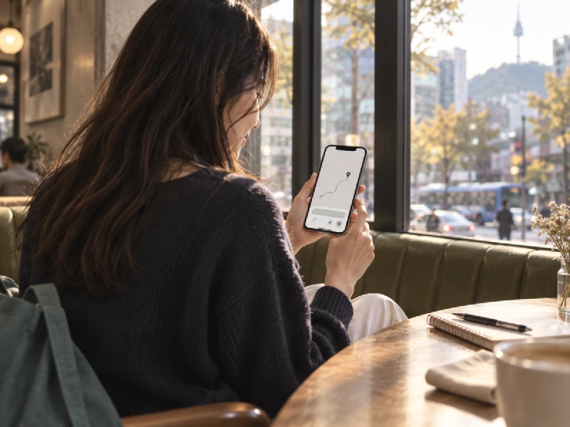 カフェのテーブルでiPhoneのアプリ画面を見ながら旅行の準備をする人のイメージ
