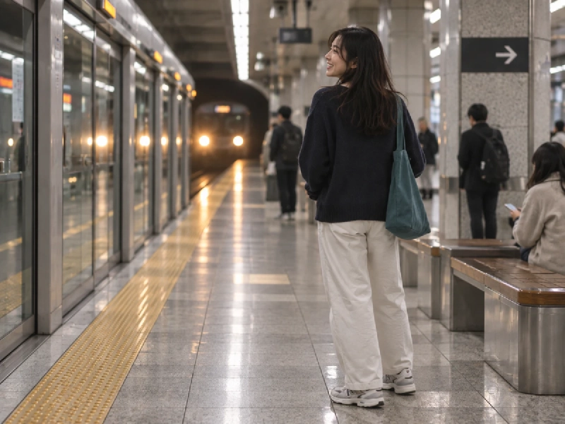 韓国の地下鉄ホームで電車を待つ旅行者と案内表示のイメージ