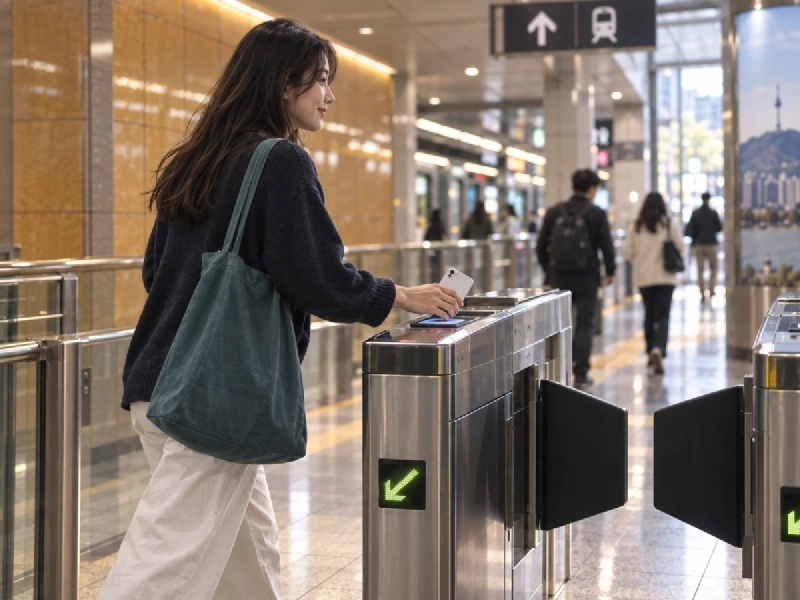 iPhoneを手に持ち地下鉄の改札を通ろうとする旅行者のイメージ