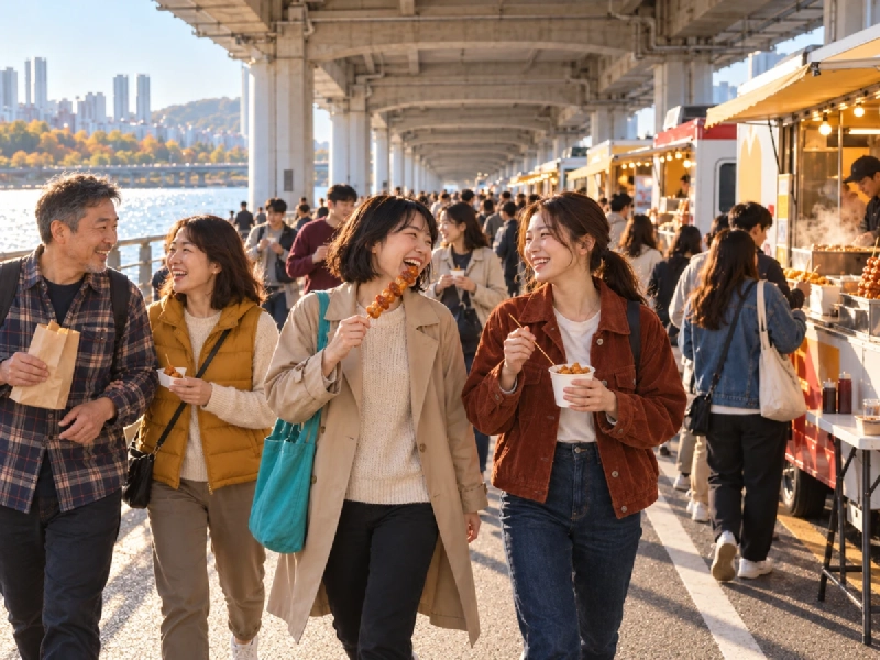 車の消えた橋の上に並ぶフードトラックと、食べ歩きを楽しむ人々