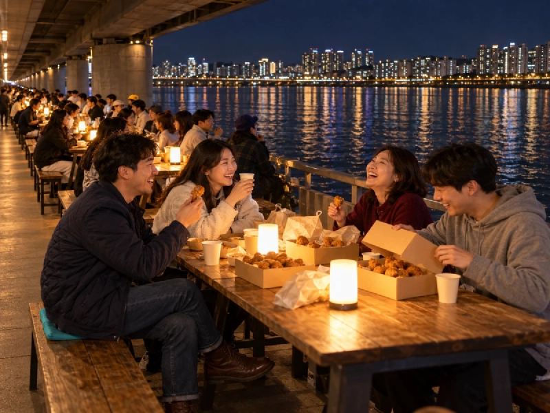 夜の川面のすぐそばに長く並ぶテーブルと、対岸の街の明かり