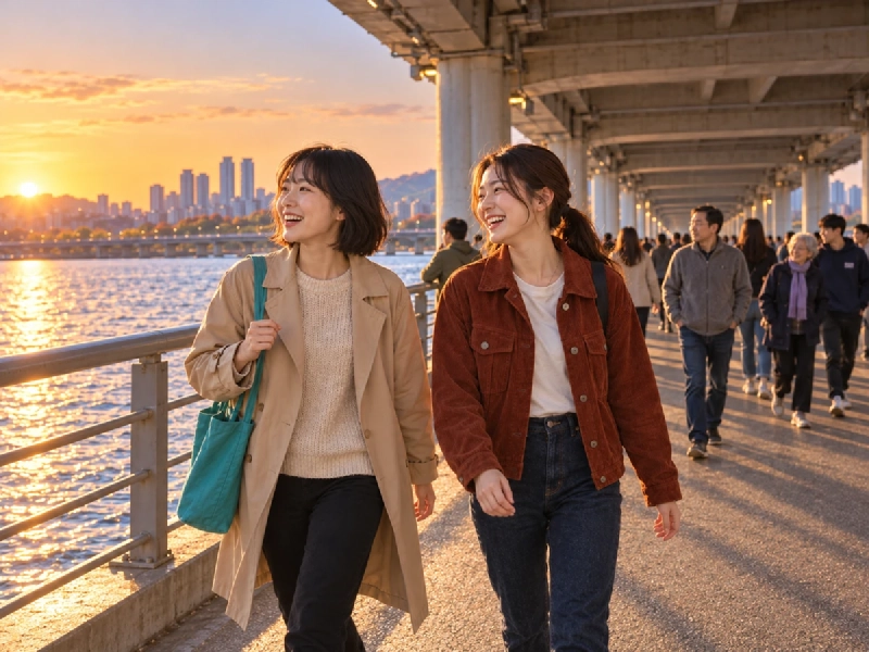 夕暮れの潜水橋の上を歩く人々と、橋のすぐ下を流れる川面
