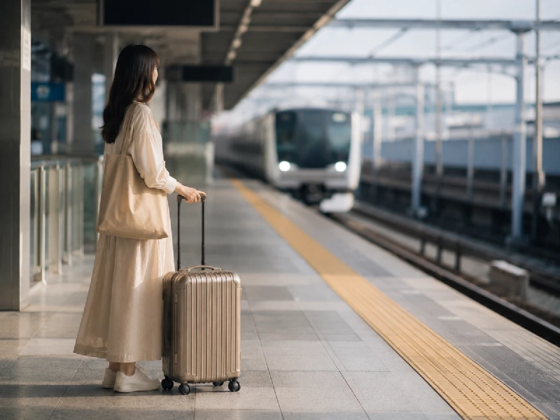 空港鉄道のホームで列車を待つ旅行者とスーツケース
