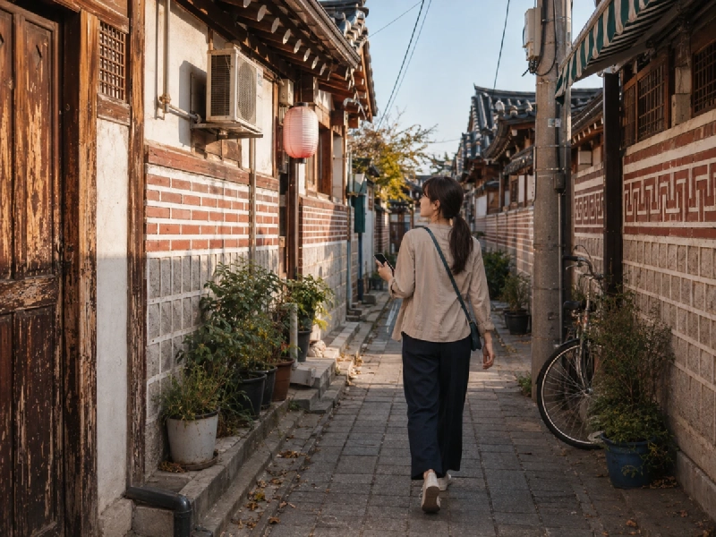 韓国の街角でスマートフォンの地図アプリを見ながら歩く旅行者のイメージ