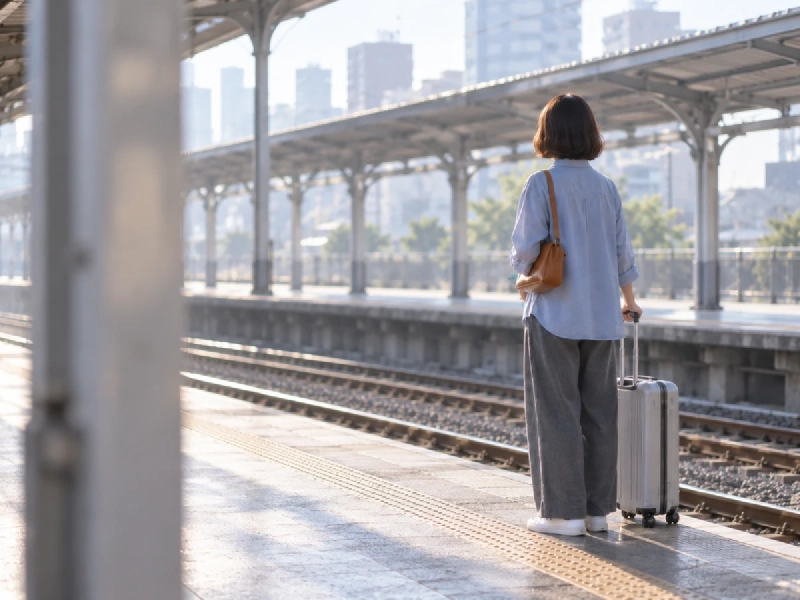 小さなスーツケースを持ち、駅のホームで列車の到着を待つ旅行者の後ろ姿