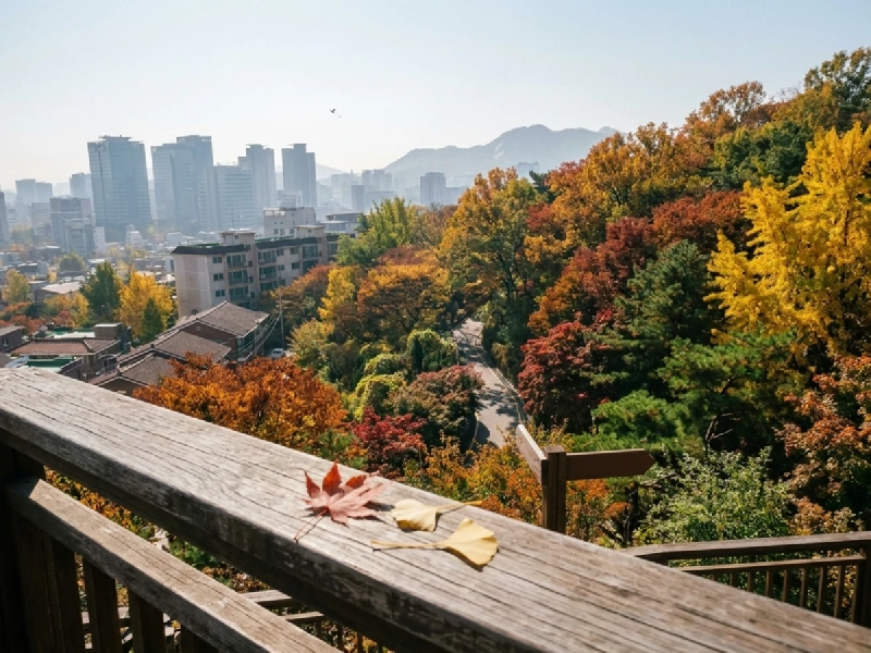 都心の丘の上から見下ろす、色づいた木々と高層ビルの街並み