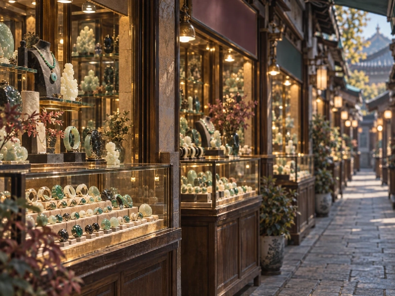 ソウルの貴金属商店街。ガラスのショーケースに指輪が並び、照明が反射している