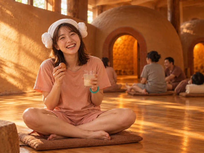 館内着姿で頭に羊の形に巻いたタオルをのせ、卵と甘い飲み物を手にくつろぐ女性のイメージ