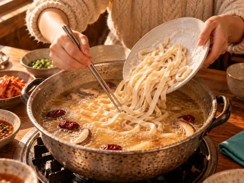 具を食べ終えた鍋のスープに、細切りの麺を入れて煮込んでいる手元のアップ