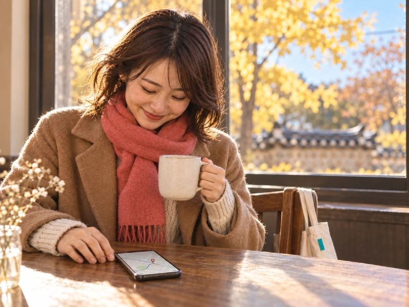 カフェの窓際でスマートフォンの地図アプリを見ながら温かい飲み物を手にする旅行者
