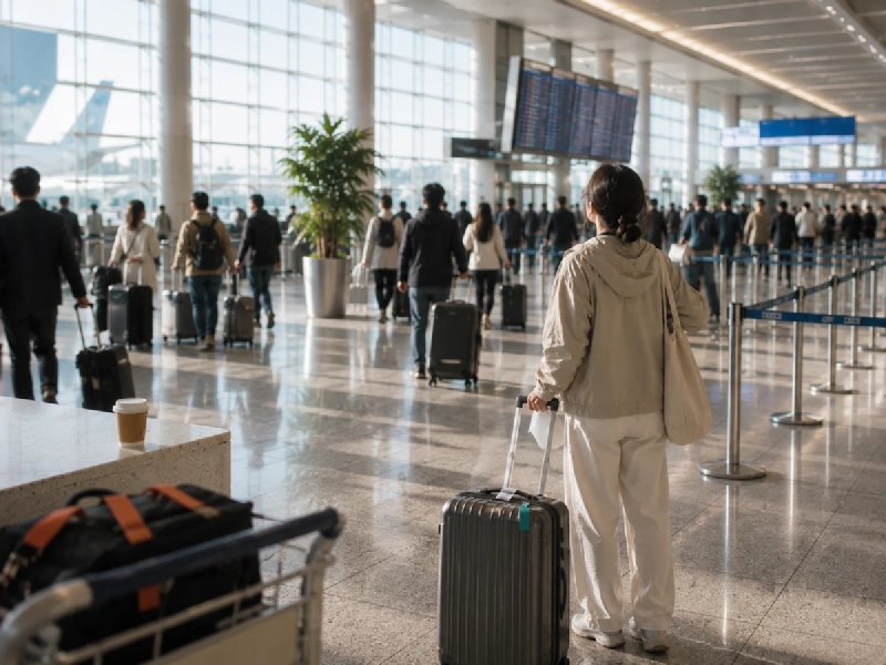 出発ロビーで案内表示を見上げる旅行者と、キャリーケースが並ぶ空港の風景