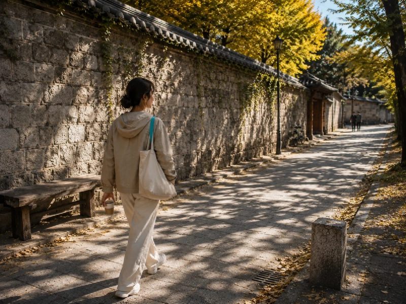 秋晴れのソウルで、上着を羽織って街を歩く旅行者のイメージ