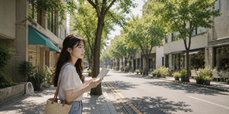 ソウルの街を歩いてK-POPの聖地巡礼を楽しむ日本人女性のイメージ