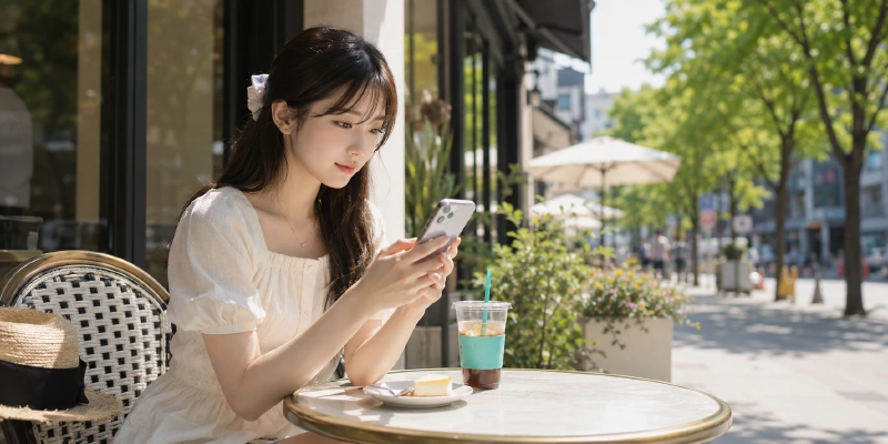 韓国ソウルで推し活を楽しむ日本人女性がスマホで情報をチェックしているイメージ