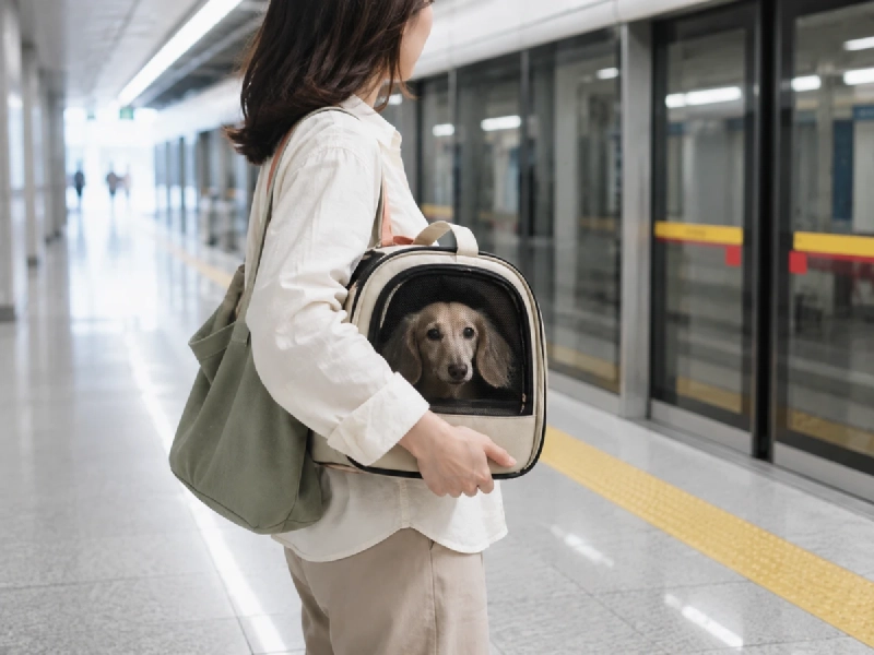 韓国の地下鉄駅で、ケージに入った小型犬と一緒に移動する旅行者