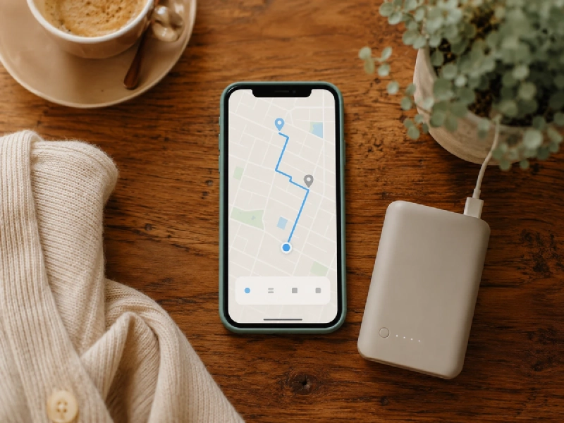 カフェのテーブルでスマートフォンの地図アプリとモバイルバッテリーを並べた俯瞰