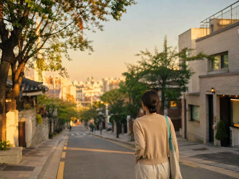 秋の始まりのソウルの街並みと、薄手のアウターを羽織って散策する旅行者