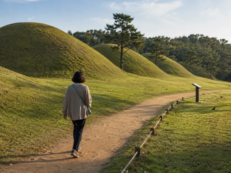 芝に覆われたなだらかな古墳が連なる韓国の古都の公園と、その脇を歩く旅行者