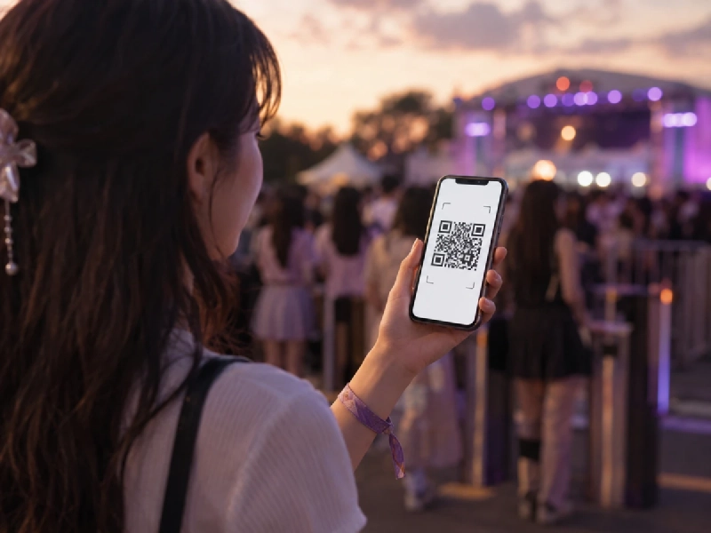 コンサート会場で来場者がスマホのモバイルチケットやSNSを使う様子のイメージ