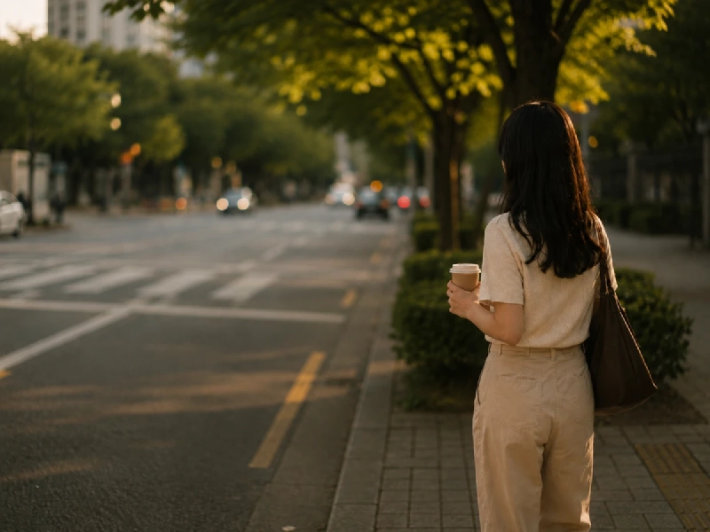 ソウルの通りでタクシーを待つ女性とふた付きのテイクアウトコーヒー