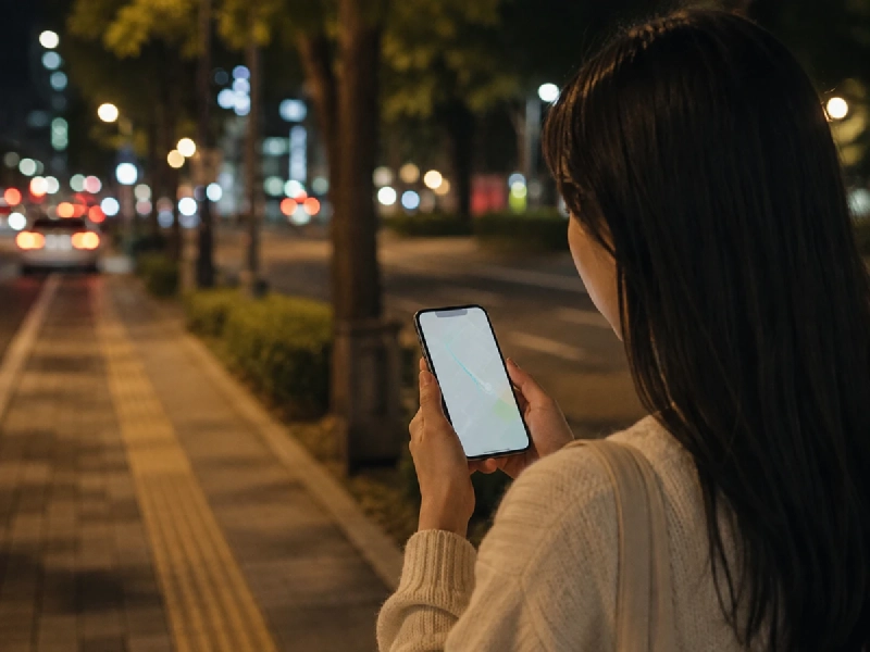 夜のソウルで配車アプリの画面を見ながらタクシーを待つ旅行者