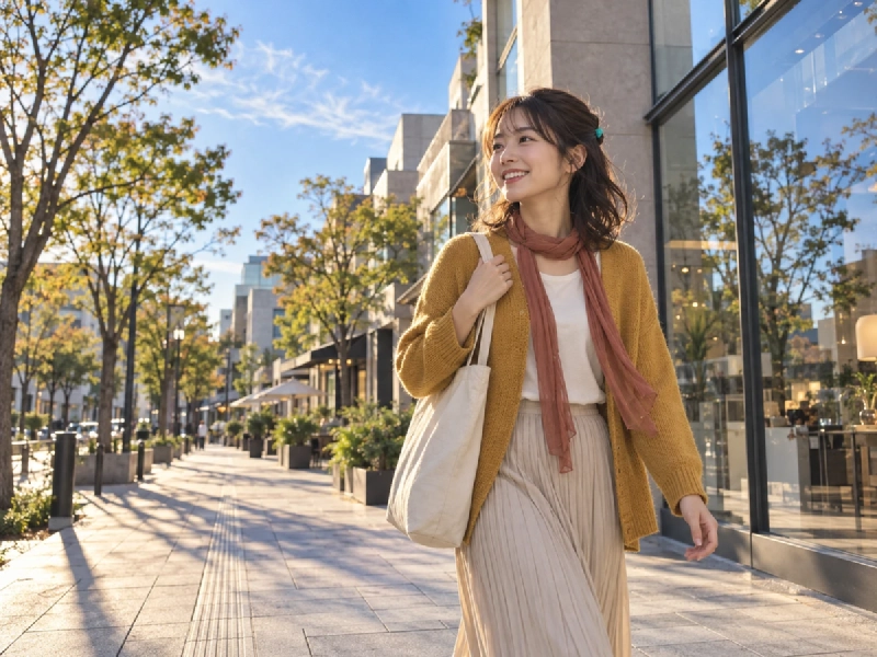 秋の原宿・表参道の通りを歩くK-POPファンの女性。ポップアップ巡りのイメージ