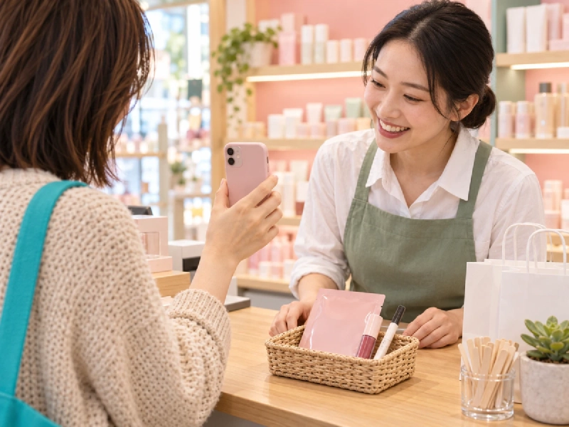 韓国のコスメショップのレジで、スマホの画面を店員に見せて会計する旅行者の手元
