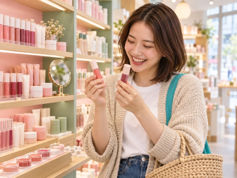 韓国のコスメショップの明るい売り場で、棚の商品を手に取って見比べる旅行者