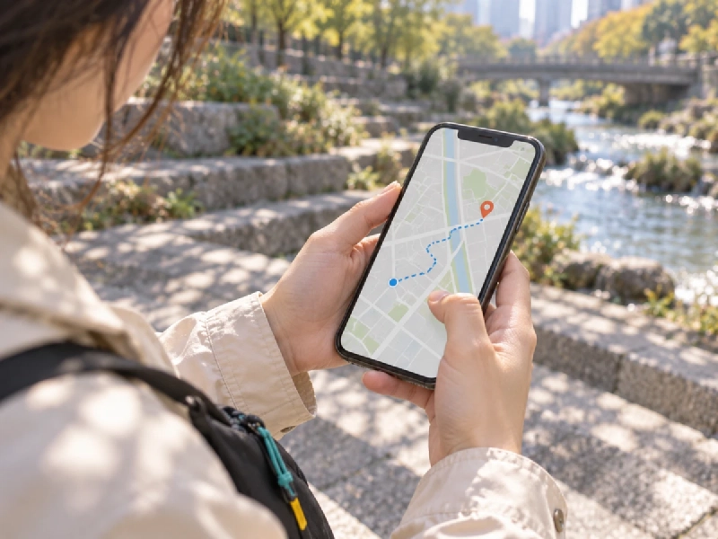 秋のソウルの遊歩道でスマートフォンの地図を確認する旅行者の手元