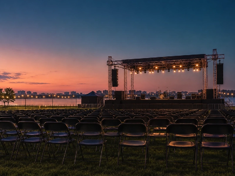 川沿いの芝生に並べられた観覧エリアの椅子とステージ、夕暮れの空を背景にした屋外イベント会場の様子