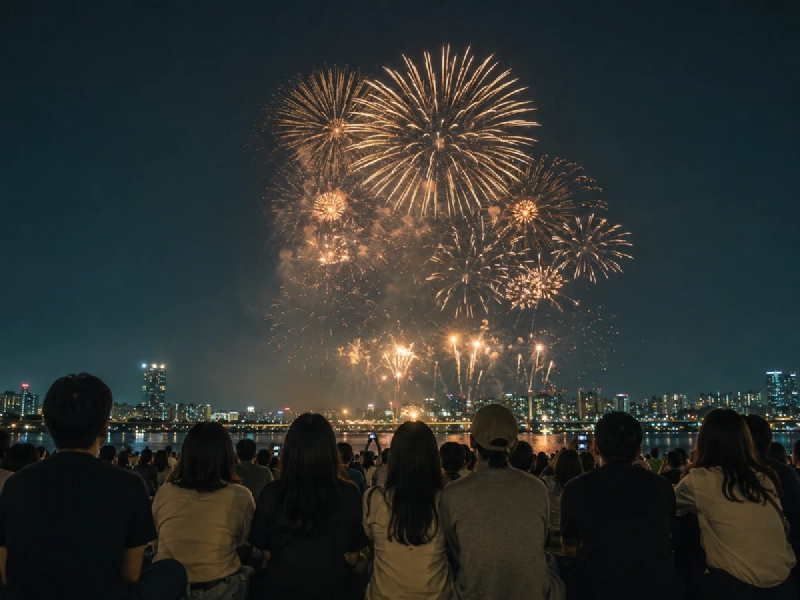 夜の川沿いに大きな花火が打ち上がり、河川敷から見上げる人々のシルエットが並ぶ様子