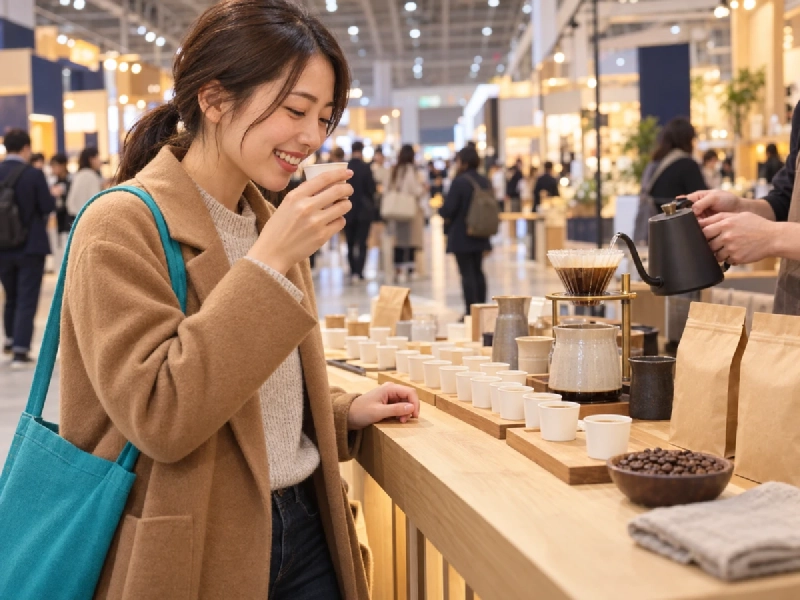 明るい展示会場でコーヒーの試飲を楽しむ来場者たちのイメージ