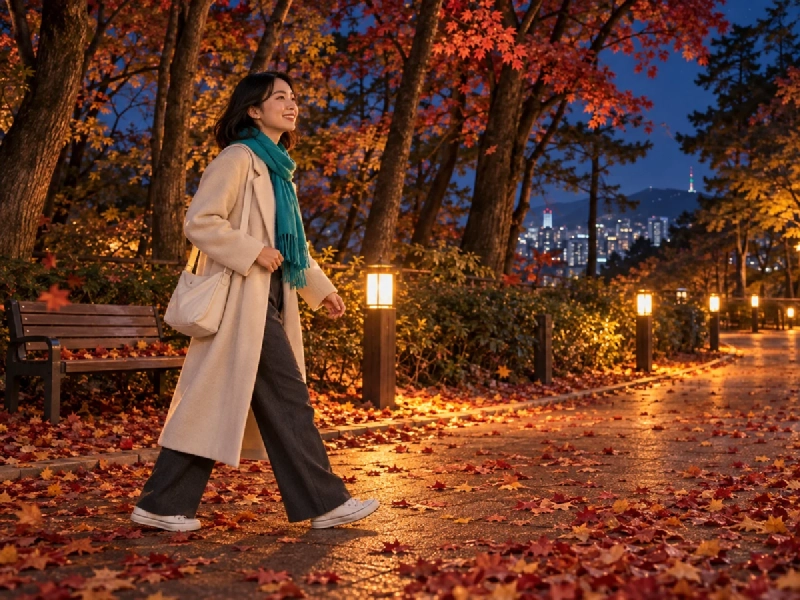 秋の夜、暖かな灯りがともる遊歩道を歩く旅行者のイメージ