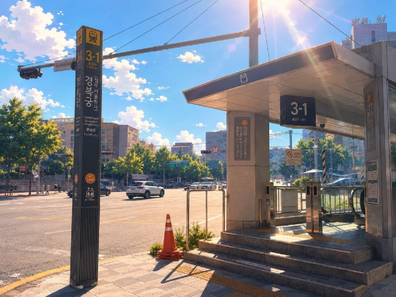 キョンボックン駅の地下鉄出入口とソチョン方面の街並みのイラスト