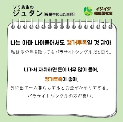 ソミ先生のジュタン「핫하다 - 今話題の流行り」「캥거루족 - パラサイトシングル」