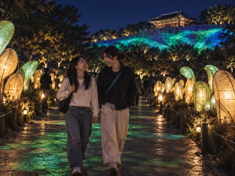 夜の公園に光のオブジェが並び、人々が歩いている様子のイメージ