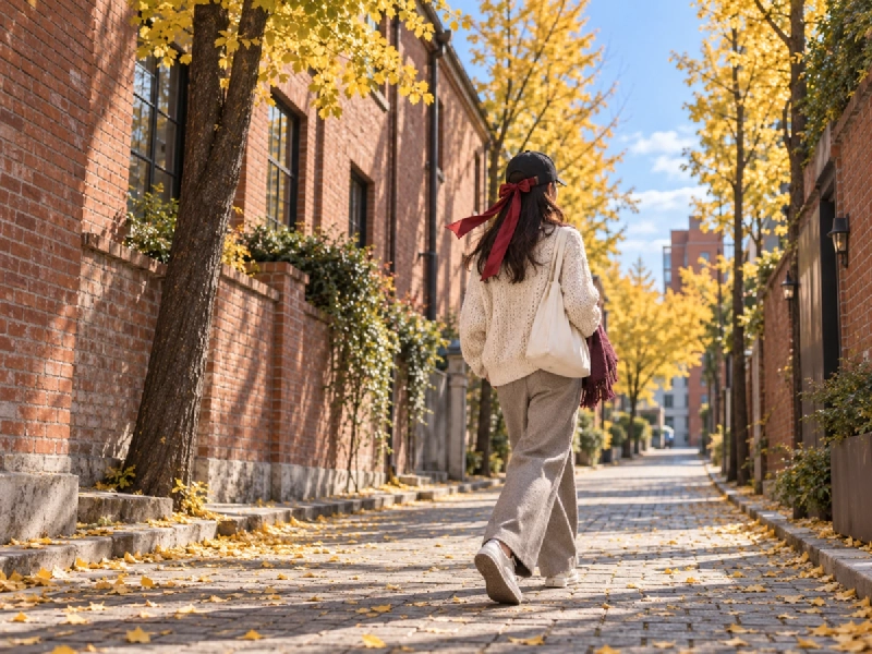黄色く色づいたイチョウ並木の路地を歩く女性の後ろ姿。黒いキャップの後ろから赤いリボンが長く垂れている