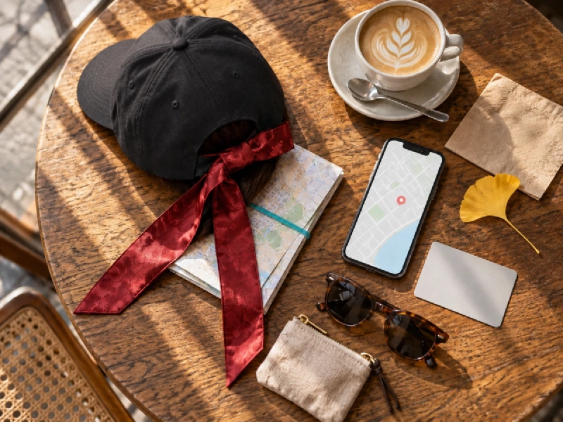 カフェのテーブルに置いた黒いキャップと紙の地図、スマートフォン、コーヒーのフラットレイ