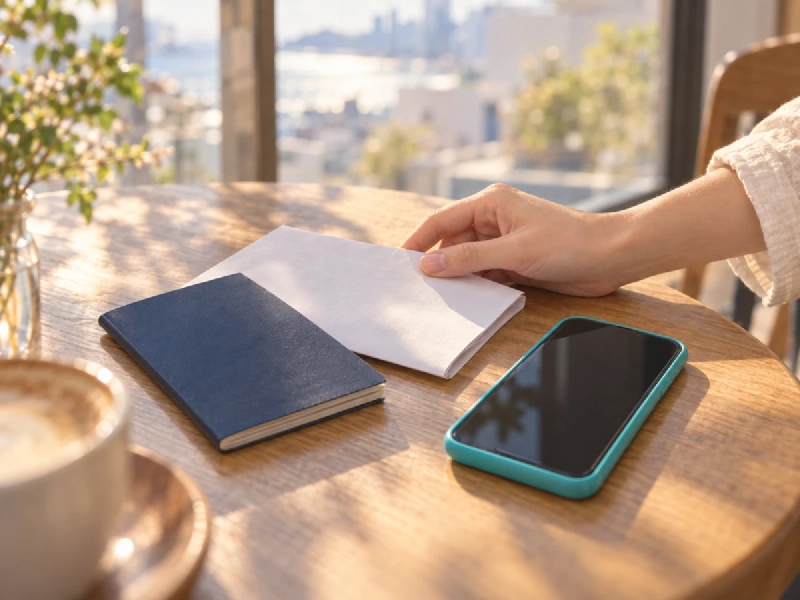 海の見えるカフェのテーブルで、メモ帳とスマートフォンを広げて旅行の準備をする人の手元