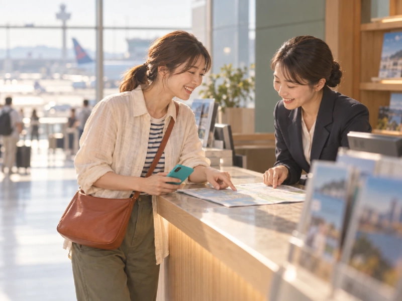 韓国の空港にある観光案内カウンターと、そこで案内を受ける旅行者